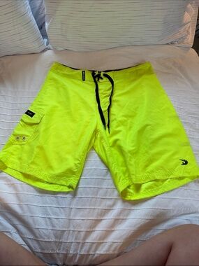 Pacific Surf Exist Men's Neon Yellow Board Shorts with Black Drawstring